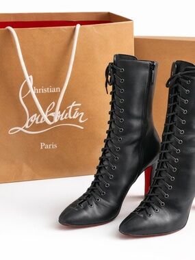 Christian Louboutin Black Leather Lace-Up Ankle Boots with Red Sole